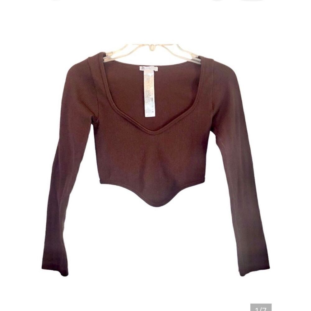 Zara Seamless Corset Long Sleeve Ribbed Cropped Top in Brown Women’s M-L